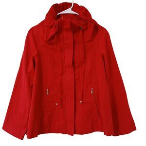 Zara Woman Jacket Red Hooded Lightweight Size M With Metallic Zipper Pulls